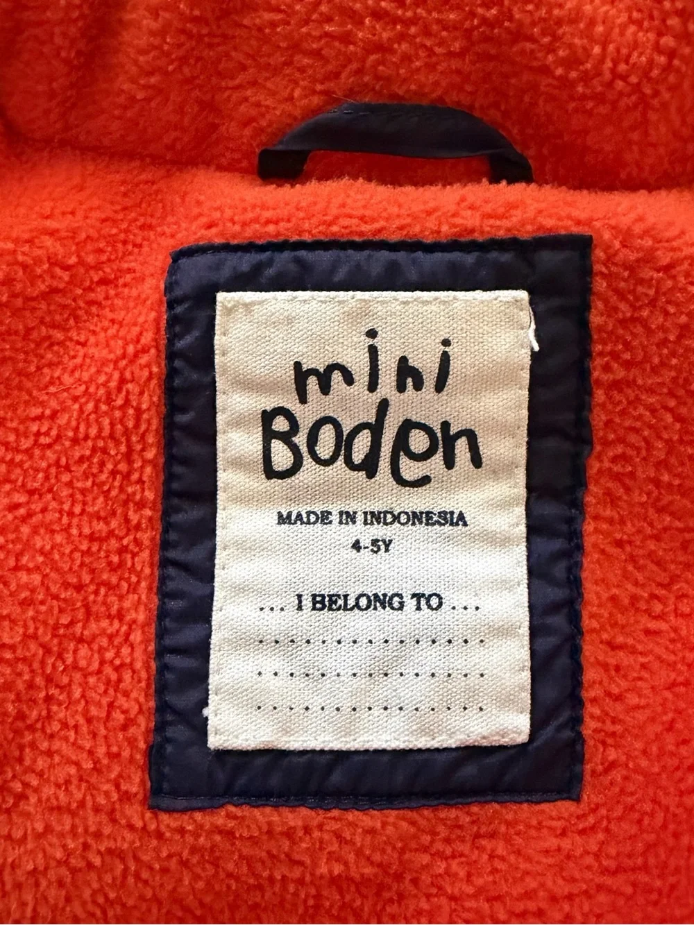Mini Boden navy blue puffer vest with orange lining
